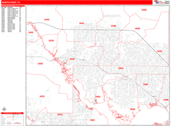 North Port Wall Map Zip Code Red Line Style 2024